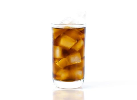 A drink cola in glass with ice on a white background