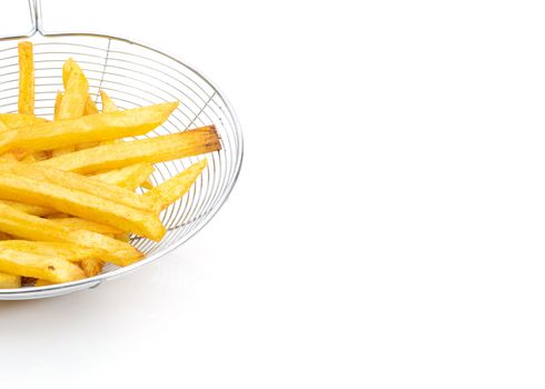 Potato french fries on a white background and free space