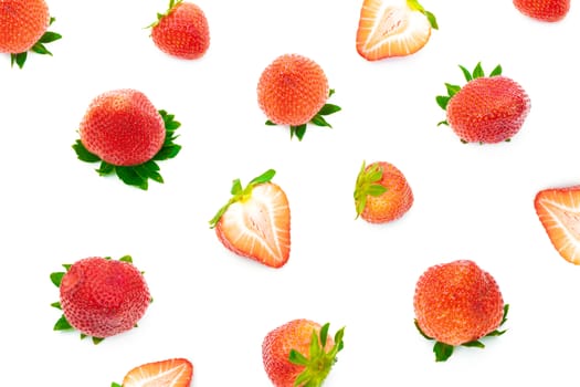Fresh red strawberries many on white background.
