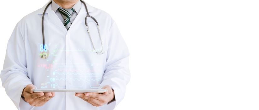 Medical technology the doctor held a tablet check the patient White background