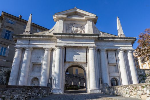 Medieval San Giacomo gate in Bergamo, Italy.