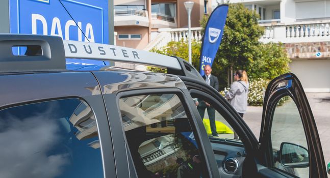 Sables d Olonnes, France - May 07, 2017 : Dacia Tour 2017 is a commercial operation organized by the car builder in order to present its cars throughout France - Close-up on cars