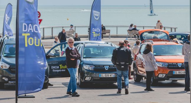 Sables d Olonnes, France - May 07, 2017 : Dacia Tour 2017 is a commercial operation organized by the car builder in order to present its cars throughout France - General plan of the event