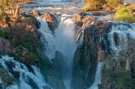 Part of the Epupa waterfalls in the Kunene River at sunset. Baobab trees are visible