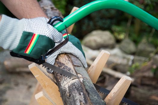 Sawing firewood manually with a hacksaw on a wooden sawhorse