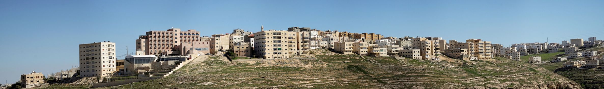 Composite high-resolution panorama of the high-rise housing estate on the outskirts of the city of Karak in Jordan., middle east