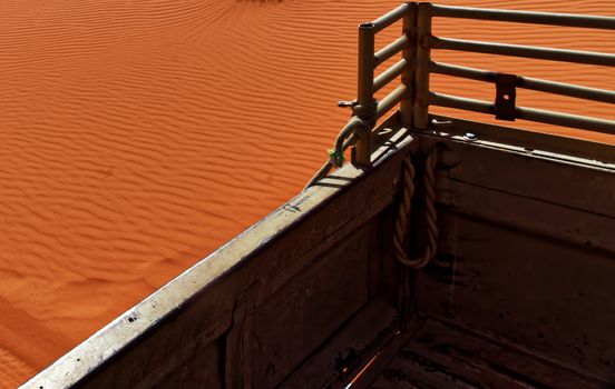 View from the platform of an off-road vehicle to the ripple marks in the desert sand of Wadi Rum, Jordan, middle east