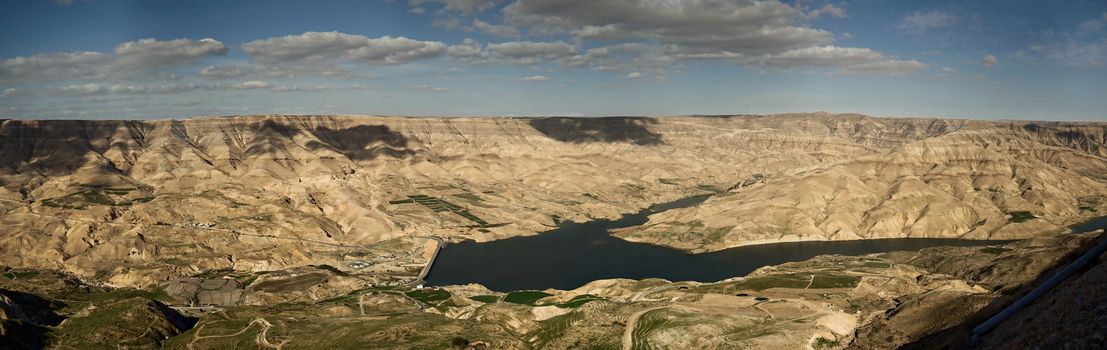 Composite high-resolution panorama of the Wadi Mujib reservoir in Jordan, middle east