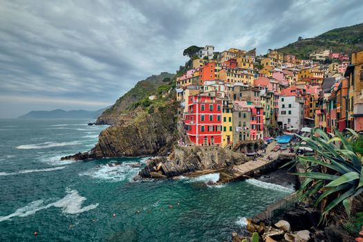 Riomaggiore village popular tourist destination in Cinque Terre National Park a UNESCO World Heritage Site, Liguria, Italy in stormy weather