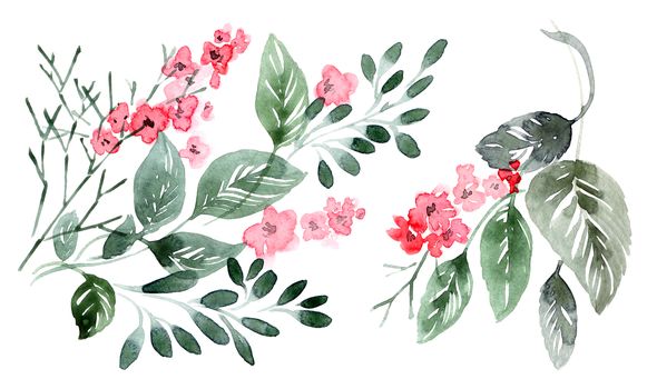 Watercolor floral arrangments with flowers, leaves and twigs. Artistic illustration.