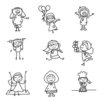 children illustration hand drawing vector happy kids girls happiness concept abstract cartoon character doodle design style line art. all object group with white filled. ready to use as clip art.