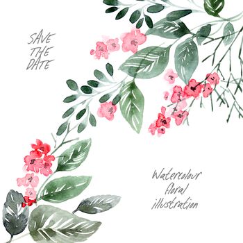 Watercolor floral arrangment - flowers, buds and leaves. Decorative botanical illustrations.