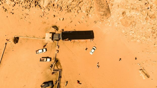 Aerial view of the Lawrence spring in the Jordanian desert near Wadi Rum, made with drone