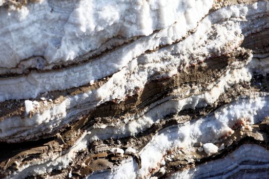 Stratification of salt and mud deposits in alternating storage on the banks of the Dead Sea in Jordan, middle east