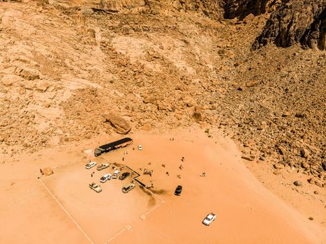 Aerial view of the Lawrence spring in the Jordanian desert near Wadi Rum, made with drone