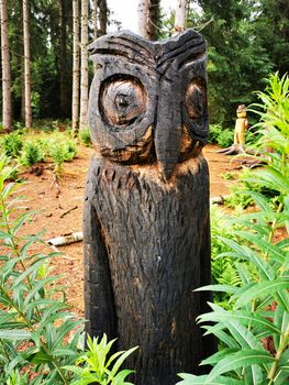 Beautiful wooden sculptures in the nature reserve Pfrunger-Burgweiler Ried, Upper Swabia, Germaby