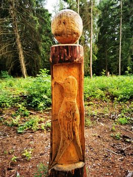 Beautiful wooden sculptures in the nature reserve Pfrunger-Burgweiler Ried, Upper Swabia, Germaby