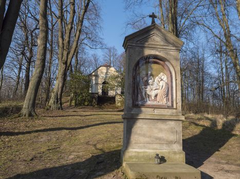 Stations of the Cross in avenue of beech tree near village Cvikov. Calvary with small chapels build in 1728 by Johann Franz Richter. Pilgrimage place Luzicke hory, Lusatian Mountains, spring, blue sky.