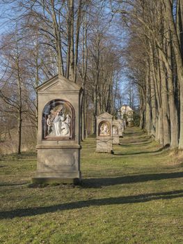 Stations of the Cross in avenue of beech tree near village Cvikov. Calvary with small chapels build in 1728 by Johann Franz Richter. Pilgrimage place Luzicke hory, Lusatian Mountains, spring, blue sky.