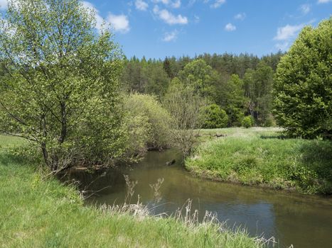 idyllic landscape of winding river stream meander at lush green meadow with deciduous tree forest, blue sky backgound. Late spring sunny afternoon, vibrant colors.