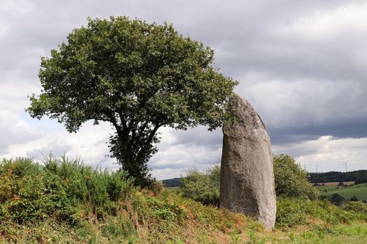 Menhir of Kergornec - megalithic monument near Saint-Gilles-Pligeaux village, department Cotes-d'Armor, Brittany, France