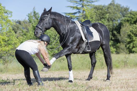  riding girl are training her black horse