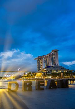 SINGAPORE CITY, SINGAPORE - FEBRUARY 19, 2020: Marina Bay Sands at night the largest hotel in Asia. It opened on 27 April 2010. 