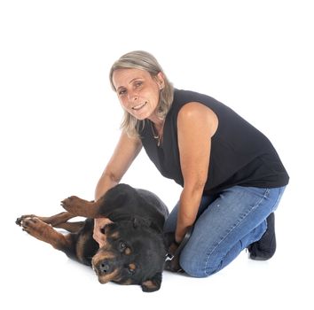 purebred rottweiler and woman in front of white background