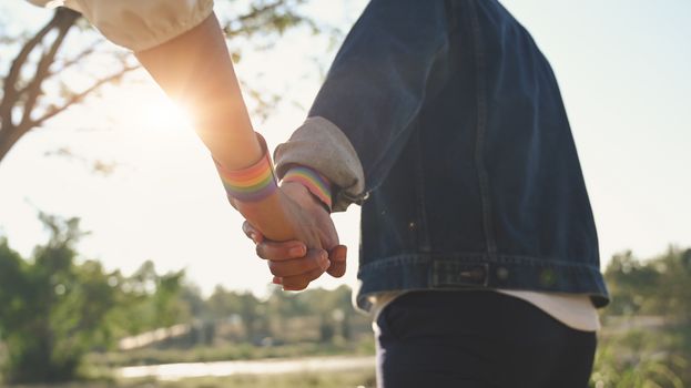 Cropped shot of LGBT while holding hand at park. LGBT happiness concept.