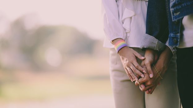 Closeup of LGBT couple holding hands while walking at park. LGBT happiness concept.