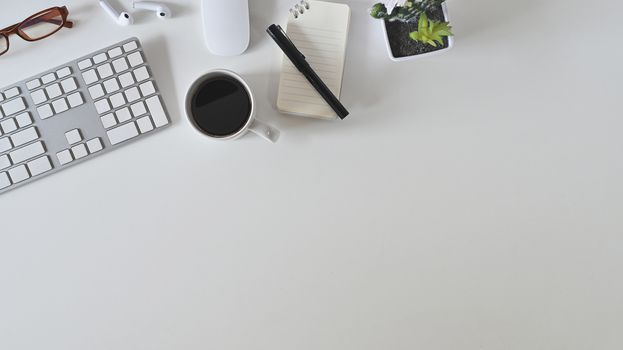 Close-up image of modern office working desk from the top. Modern Office, Workplace concept.