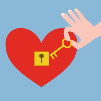 Hand holding golden key with red heart with keyhole on blue background