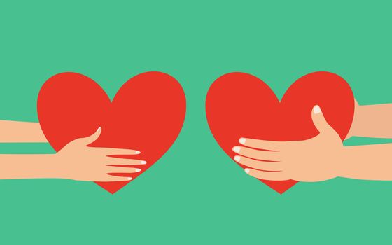 Male and female hands holding red heart giving to each other