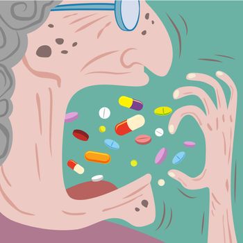 Close up of Old woman throw a lot of pills in to her mouth