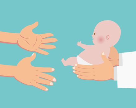 Hands of doctor giving a baby to parents hands isolated on cyan background