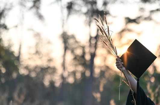 Photo of graduate woman hand holding the graduation cap and wild grass in hand. Graduation celebration concept.