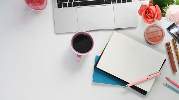 Creative female desk, View from top of woman equipment putting on the white desk. Feminine working desk concept.