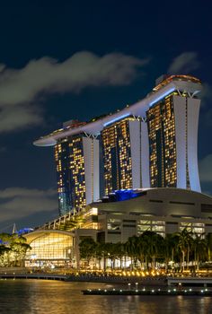 SINGAPORE CITY, SINGAPORE - FEBRUARY 13, 2020: Marina Bay Sands at night the largest hotel in Asia. It opened on 27 April 2010. 