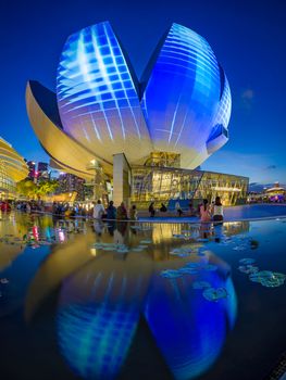 SINGAPORE CITY, SINGAPORE: FEBRUARY 5, 2019: Ilight show ate the Art and Science museum in Singapore Marina bay