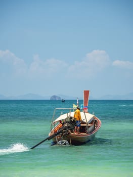 Ao Nang, Thailand - FEBRUARY 18, 2019: Traditional long tail boat on Ao Nang beach in Krabi Thailand