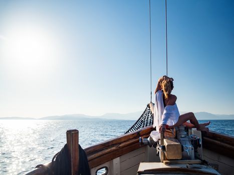 Woman sailing in the Ionian sea in Lefkas Greece