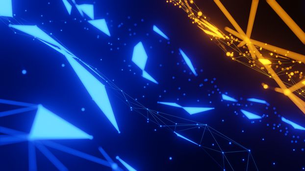 Abstract plexus blue and orange geometric shapes.,Communication And Technology Network Background.,Connection And Web Concept.,3d model and illustration.