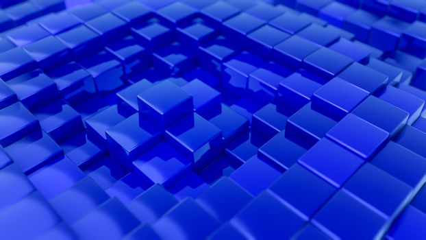Minimalistic waves pattern made of cubes. Abstract Blue Cubic Waving Surface Futuristic Background.  3d render illustration.
