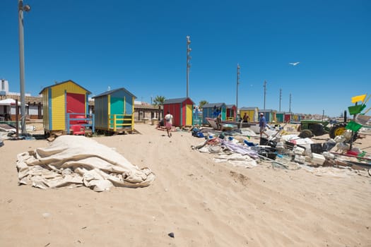 Typical fishermen's huts in the fishing village of La Antilla, in Huelva, Andalusia. Spain