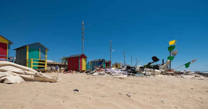 Typical fishermen's huts in the fishing village of La Antilla, in Huelva, Andalusia. Spain