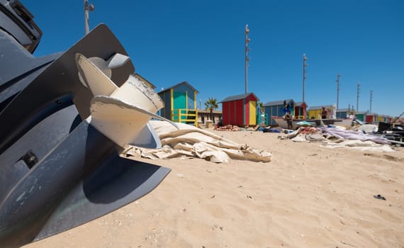 Typical fishermen's huts in the fishing village of La Antilla, in Huelva, Andalusia. Spain