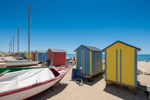 Typical fishermen's huts in the fishing village of La Antilla, in Huelva, Andalusia. Spain