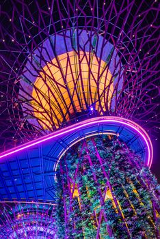 SINGAPORE CITY, SINGAPORE - FEBRUARY 03, 2019: Gardens by the bay in Singapore, Unique vertical gardens resembling towering trees, with large canopies & colorful lights at night