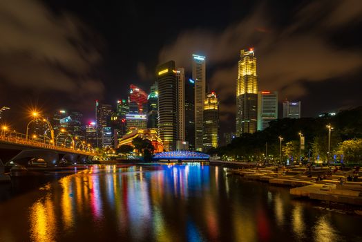 Singapore, Singapore - MARCH 9, 2019: View at Singapore City Skyline, which is the iconic landmarks of Singapore