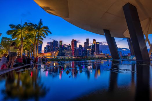 SINGAPORE CITY, SINGAPORE: MARCH 9, 2019: Sunrise at the Art and scence museum in  Singapore city at night